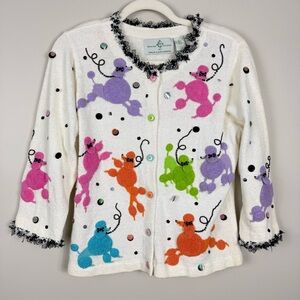 Vintage Design Options Colorful Poodle Cardigan Sweater Women Medium Ruffle Pink
